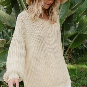 Jenni Kayne Cotton Cabin Sweater In Cream Long‎ Sleeve Crewneck Size Large